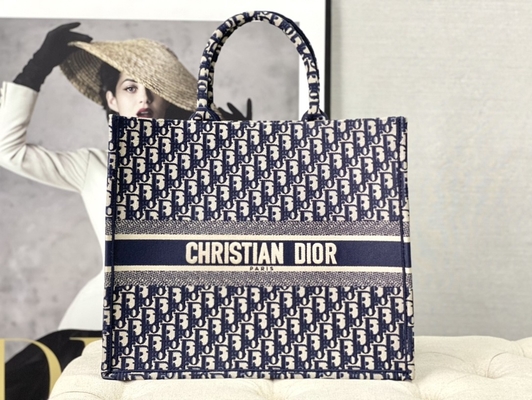 Dior Oblique Embroidery Canvas Navy Blue Branded Shoulder Bag Christian Book Large