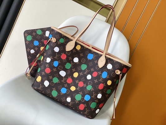 black LV X Yayoi Kusama Louis Vuitton Neverfull MM Monogram Bag Multicolor