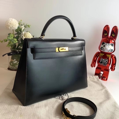 HermèS Kelly 32 Preloved Branded Bag Black Epsom Sellier Gold Hardware Box Black