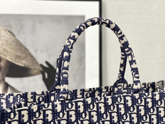 Dior Oblique Embroidery Canvas Navy Blue Branded Shoulder Bag Christian Book Large