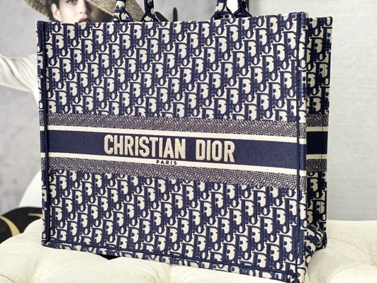 Dior Oblique Embroidery Canvas Navy Blue Branded Shoulder Bag Christian Book Large
