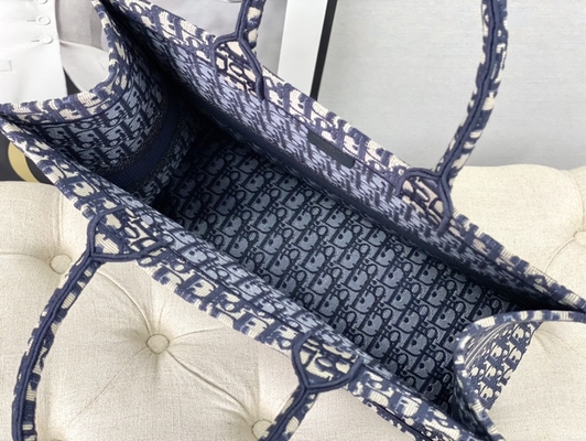 Dior Oblique Embroidery Canvas Navy Blue Branded Shoulder Bag Christian Book Large