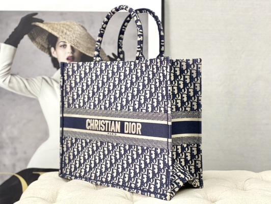 Dior Oblique Embroidery Canvas Navy Blue Branded Shoulder Bag Christian Book Large
