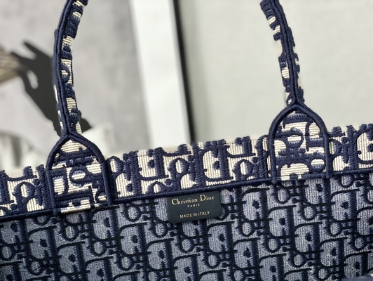 Dior Oblique Embroidery Canvas Navy Blue Branded Shoulder Bag Christian Book Large