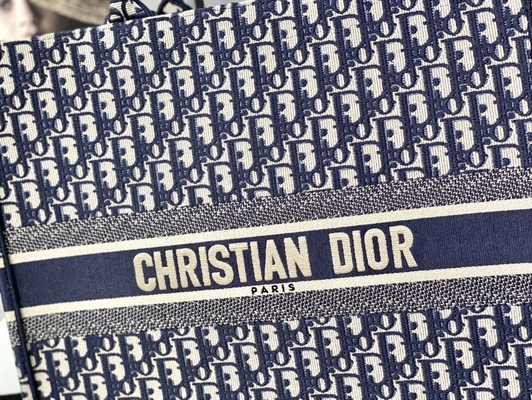 Dior Oblique Embroidery Canvas Navy Blue Branded Shoulder Bag Christian Book Large