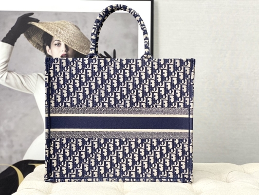 Dior Oblique Embroidery Canvas Navy Blue Branded Shoulder Bag Christian Book Large