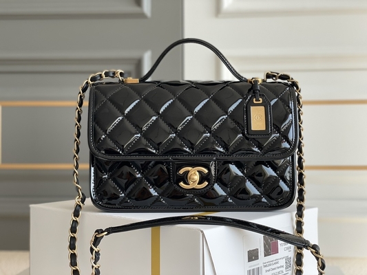 22k Women Chanel Flap Bag 2022 Patent Leather Tofu Bag Black Gold