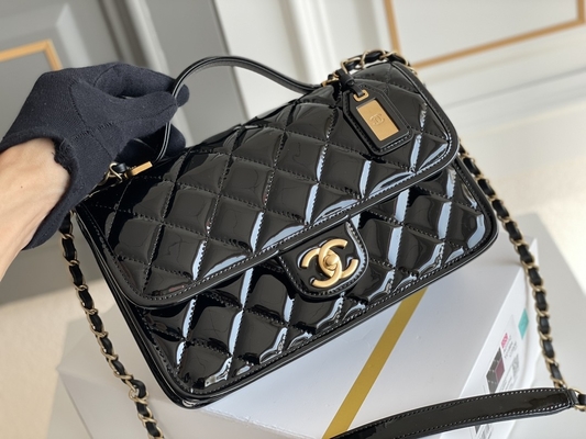 22k Women Chanel Flap Bag 2022 Patent Leather Tofu Bag Black Gold