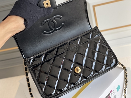 22k Women Chanel Flap Bag 2022 Patent Leather Tofu Bag Black Gold