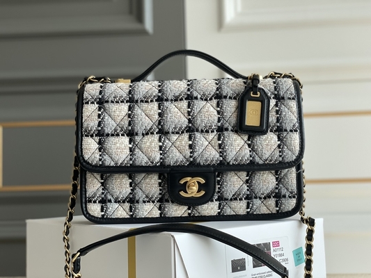 Classic 2WAY Chanel Medium Flap Bag Messenger Black White Plaid Wool