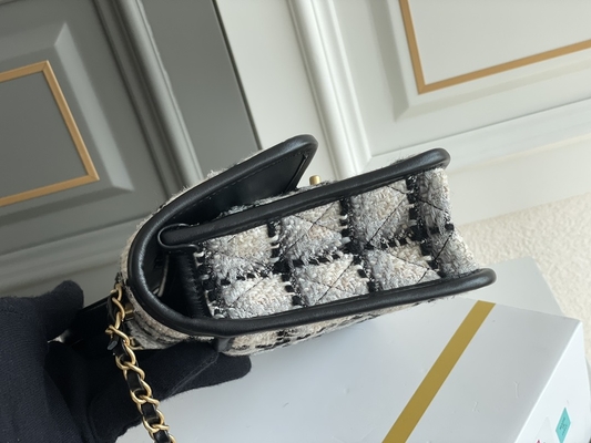 Classic 2WAY Chanel Medium Flap Bag Messenger Black White Plaid Wool