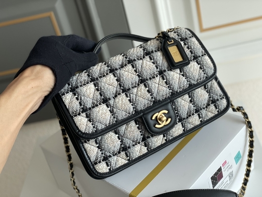 Classic 2WAY Chanel Medium Flap Bag Messenger Black White Plaid Wool