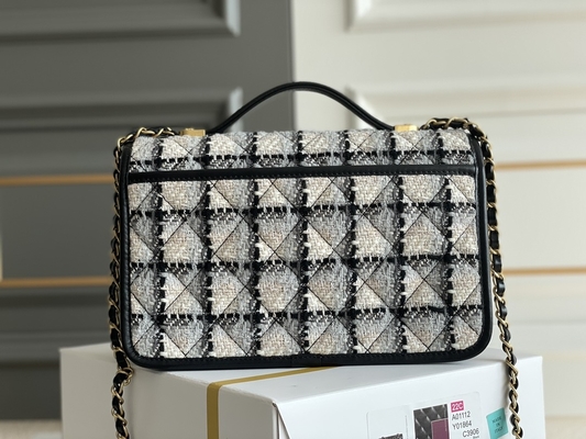 Classic 2WAY Chanel Medium Flap Bag Messenger Black White Plaid Wool