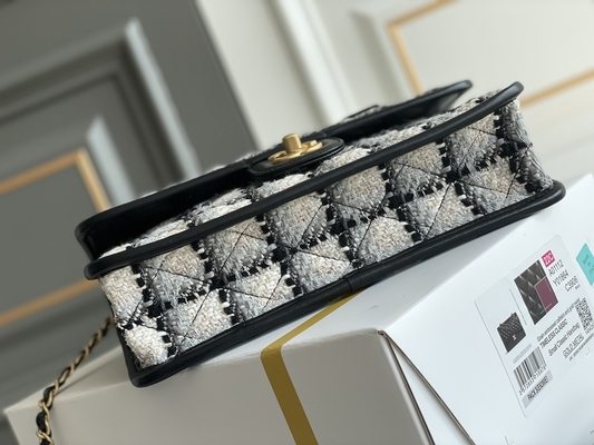 Classic 2WAY Chanel Medium Flap Bag Messenger Black White Plaid Wool