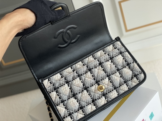 Classic 2WAY Chanel Medium Flap Bag Messenger Black White Plaid Wool