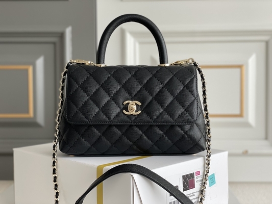 Grained Calfskin Leather Small Coco Handle 22A Black Chain With Flap