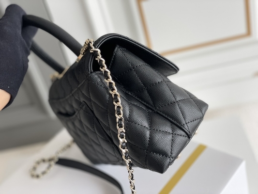 Grained Calfskin Leather Small Coco Handle 22A Black Chain With Flap