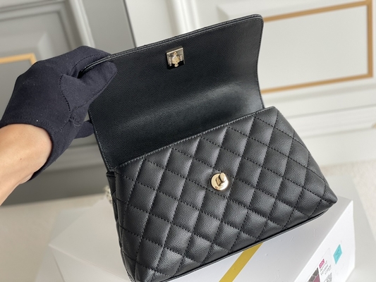 Grained Calfskin Leather Small Coco Handle 22A Black Chain With Flap