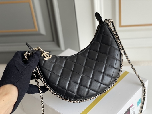 Black Chain Mini Sling Bag Branded Chanel Hobo Handbag Calfskin Leather