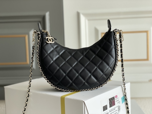 Black Chain Mini Sling Bag Branded Chanel Hobo Handbag Calfskin Leather