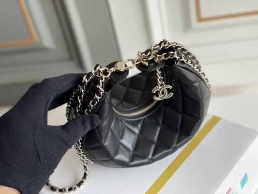 Black Chain Mini Sling Bag Branded Chanel Hobo Handbag Calfskin Leather