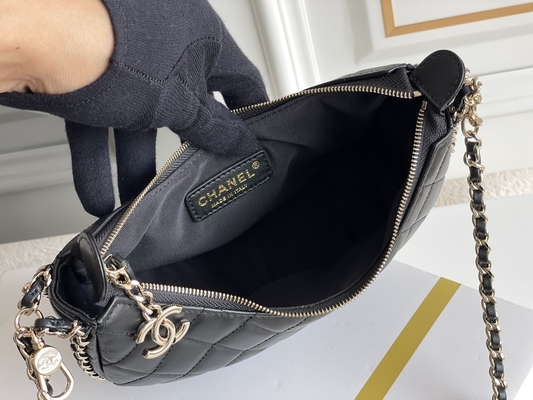 Black Chain Mini Sling Bag Branded Chanel Hobo Handbag Calfskin Leather