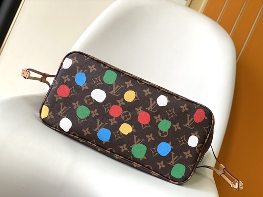 black LV X Yayoi Kusama Louis Vuitton Neverfull MM Monogram Bag Multicolor