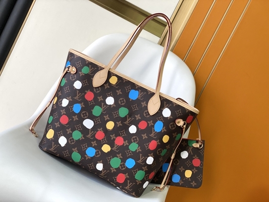 black LV X Yayoi Kusama Louis Vuitton Neverfull MM Monogram Bag Multicolor
