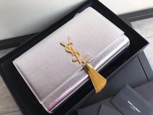 Adjustable Straps Polyester Saint Laurent YSL Woc Bag With Zipper Closure Silver