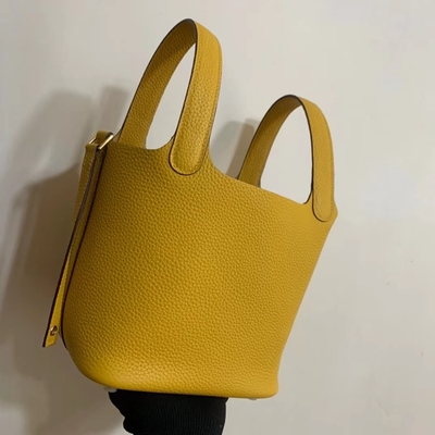 Hermes Branded Ladies Handbag Jaune Ambre Picotin Lock PM Clemence Leather Soleil