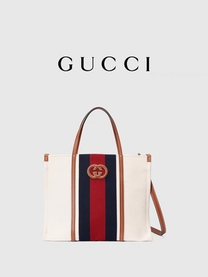 Gucci White Cotton Canvas Mini Blue Striped Tote Bag Interlocking G