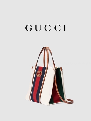 Gucci White Cotton Canvas Mini Blue Striped Tote Bag Interlocking G
