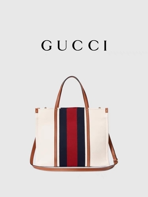 Gucci White Cotton Canvas Mini Blue Striped Tote Bag Interlocking G