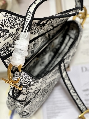 Women Embroidery Dior Saddle Sling Bag Patchwork 25cm With 3 Interior Pockets
