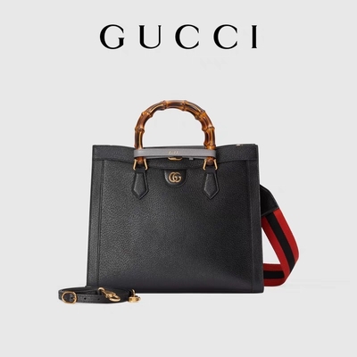 Black Leather Medium Princess Diana Gucci Bag Tote Bamboo Handle
