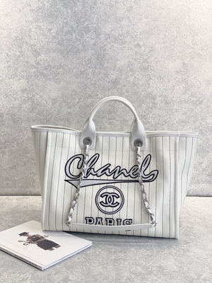 30cm 23P Chanel Deauville Tote Bag White Ecru Black Stripe