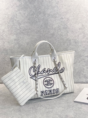 30cm 23P Chanel Deauville Tote Bag White Ecru Black Stripe