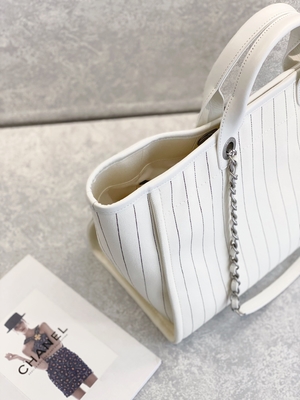 30cm 23P Chanel Deauville Tote Bag White Ecru Black Stripe