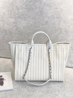 30cm 23P Chanel Deauville Tote Bag White Ecru Black Stripe