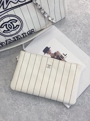 30cm 23P Chanel Deauville Tote Bag White Ecru Black Stripe