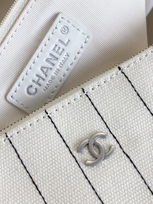 30cm 23P Chanel Deauville Tote Bag White Ecru Black Stripe