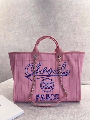 30cm 23P Chanel Deauville Tote Bag White Ecru Black Stripe
