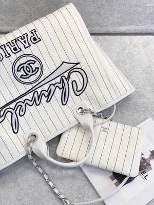 30cm 23P Chanel Deauville Tote Bag White Ecru Black Stripe