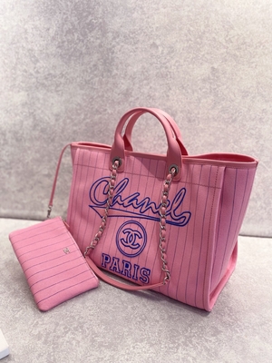 30cm 23P Chanel Deauville Tote Bag White Ecru Black Stripe