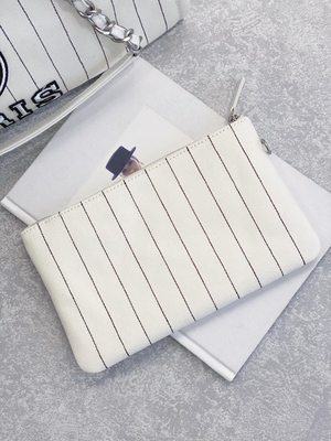 30cm 23P Chanel Deauville Tote Bag White Ecru Black Stripe