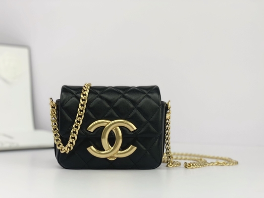 Black Lambskin Leather Branded Messenger Bag Chanel Flap Phone Holder
