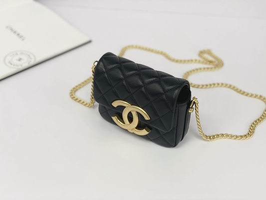 Black Lambskin Leather Branded Messenger Bag Chanel Flap Phone Holder