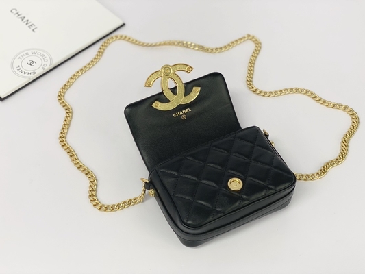 Black Lambskin Leather Branded Messenger Bag Chanel Flap Phone Holder