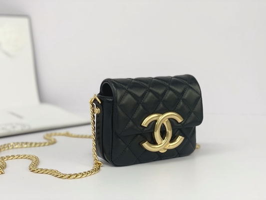 Black Lambskin Leather Branded Messenger Bag Chanel Flap Phone Holder