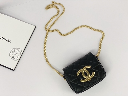 Black Lambskin Leather Branded Messenger Bag Chanel Flap Phone Holder